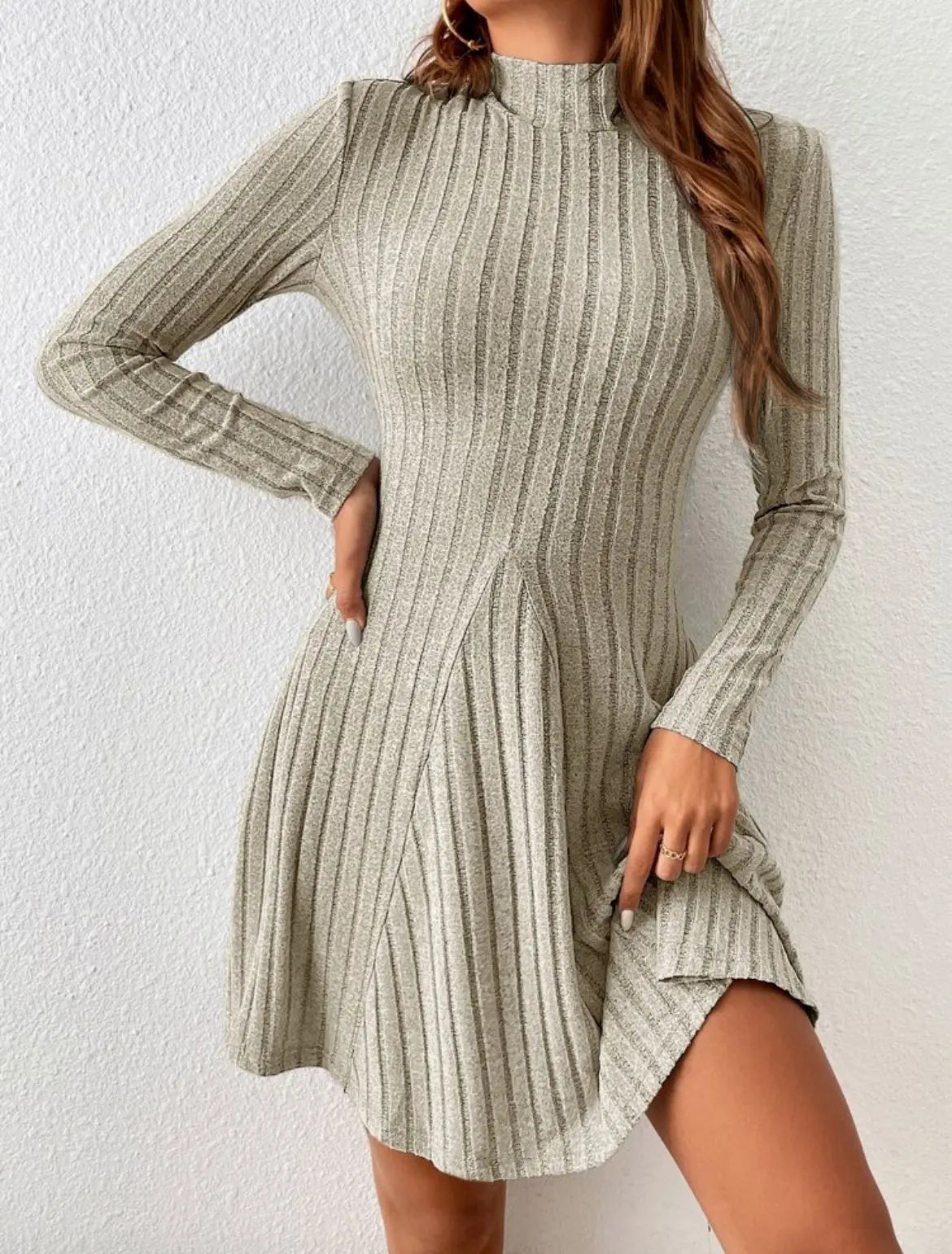 Half Turtleneck Solid Color Rib Fabric Long Sleeve Dress Women CJ Dropshipping