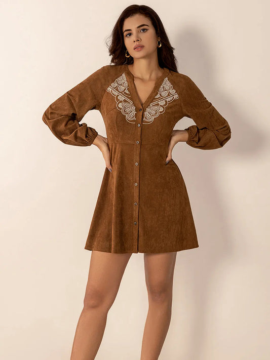 Notched Button Down Long Sleeve Mini Dress Trendsi