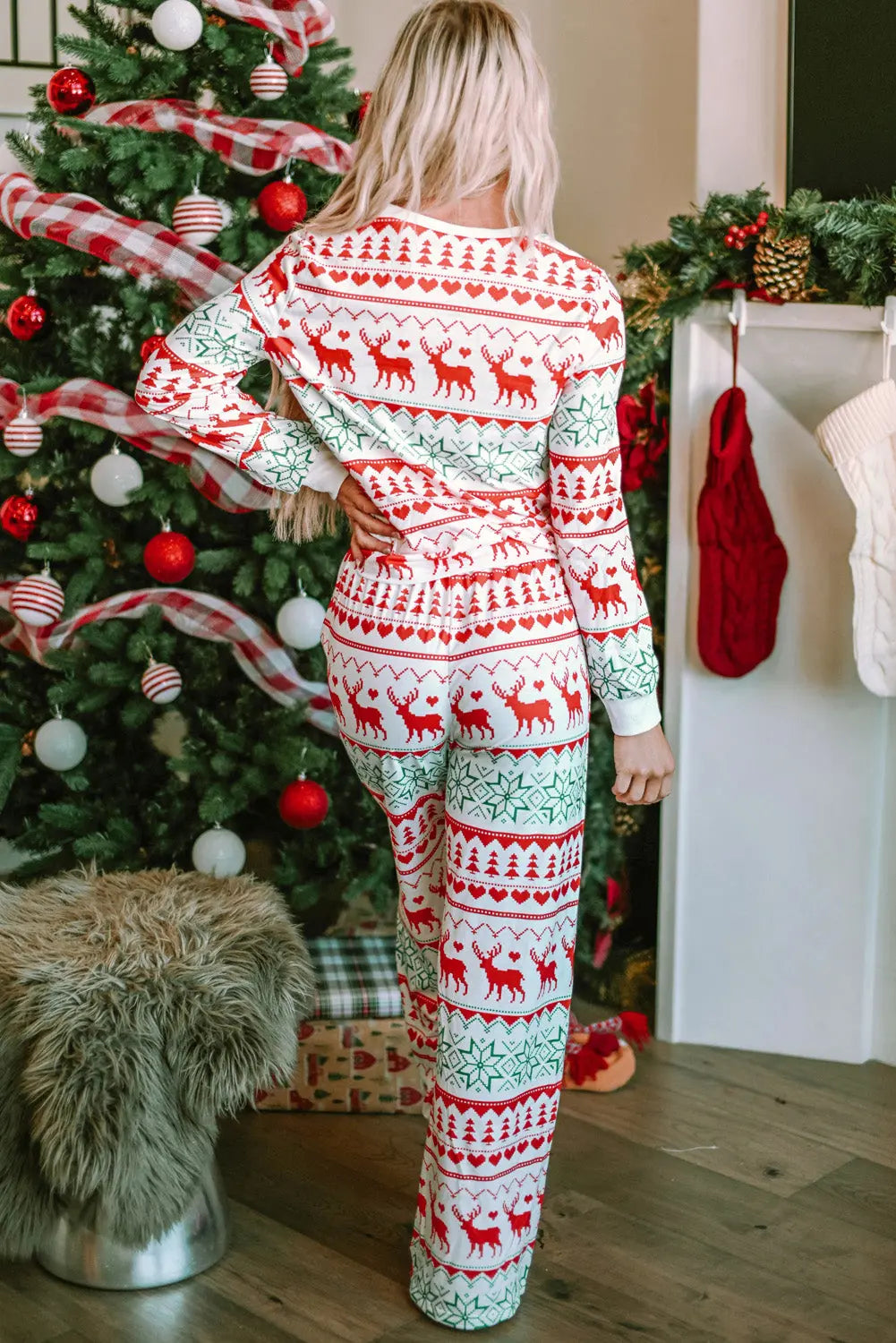 Christmas Element Round Neck Top and Pants Lounge Set Trendsi