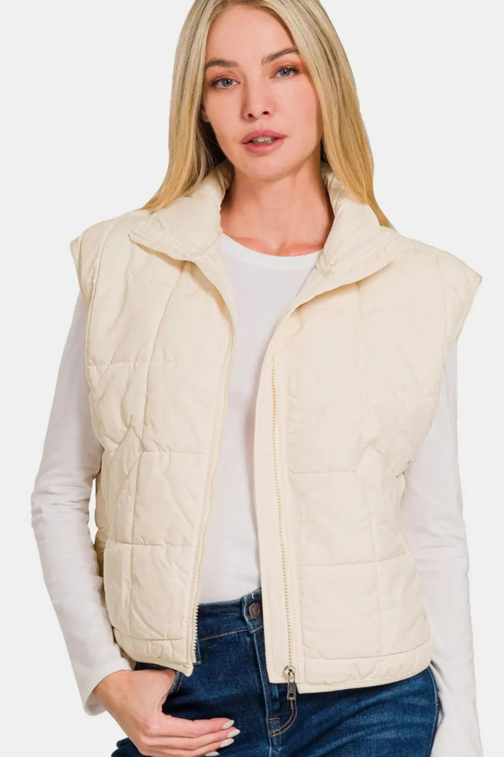 Zenana Zip Up Cropped Puffer Vest with Pockets - Stella Mount