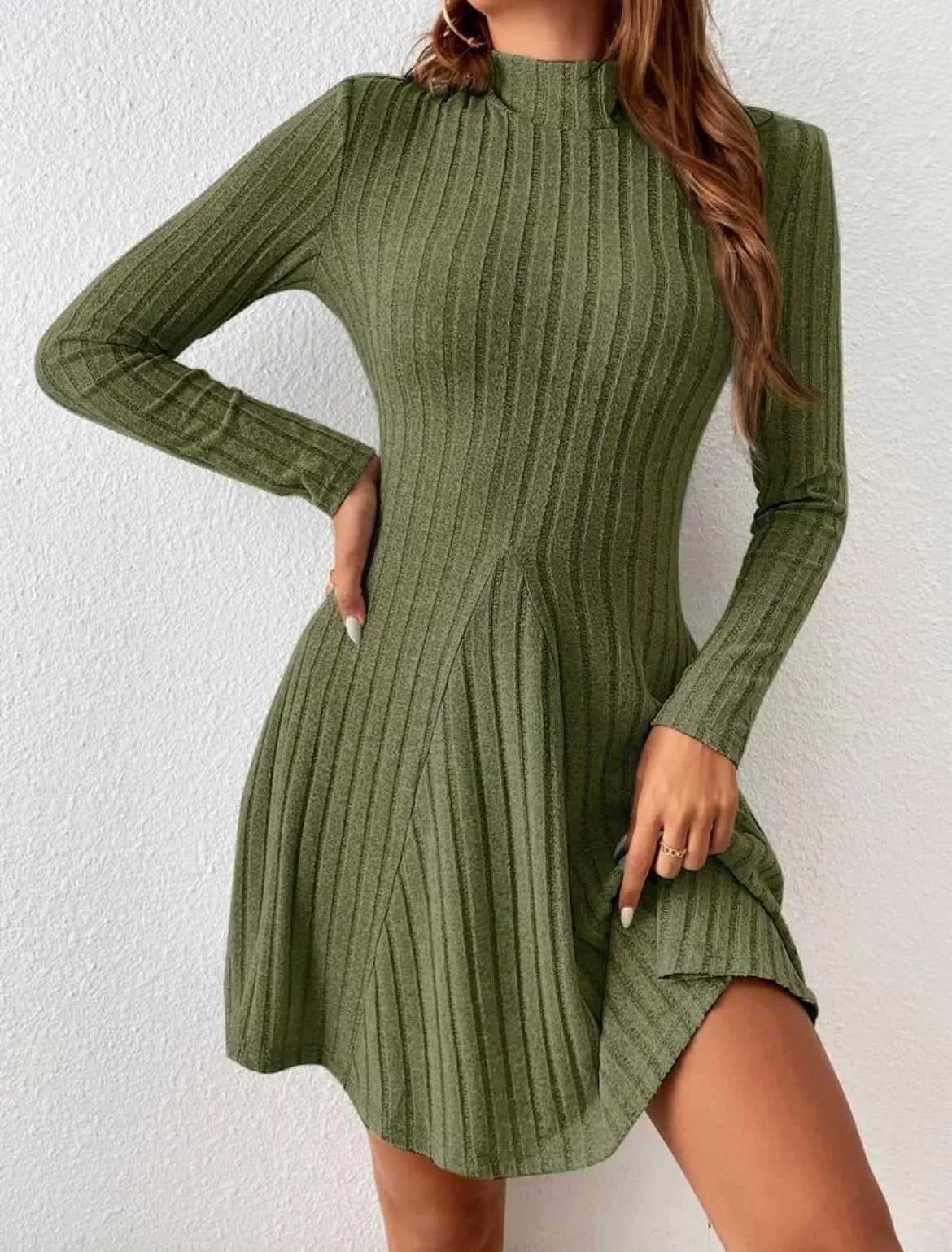 Half Turtleneck Solid Color Rib Fabric Long Sleeve Dress Women CJ Dropshipping