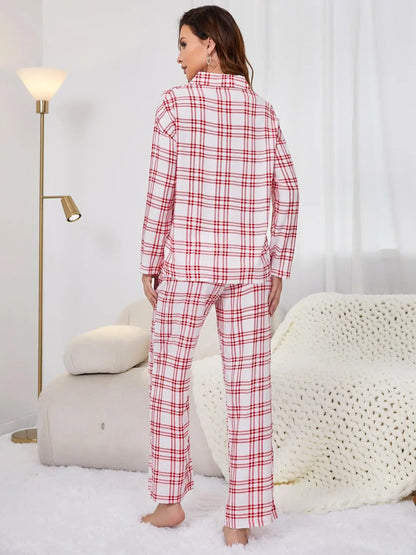 Plaid Collared Neck Long Sleeve Top and Pants Lounge Set Trendsi