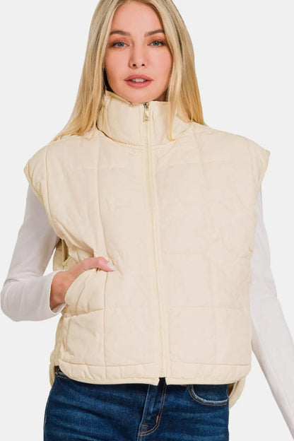 Zenana Zip Up Cropped Puffer Vest with Pockets - Stella Mount