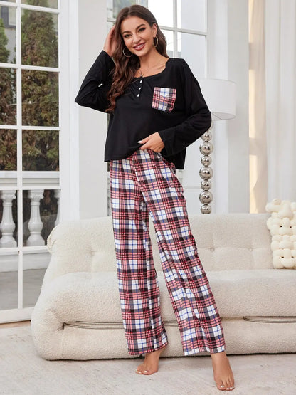 Round Neck Long Sleeve Top and Plaid Pants Lounge Set Trendsi