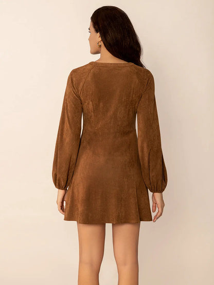 Notched Button Down Long Sleeve Mini Dress Trendsi