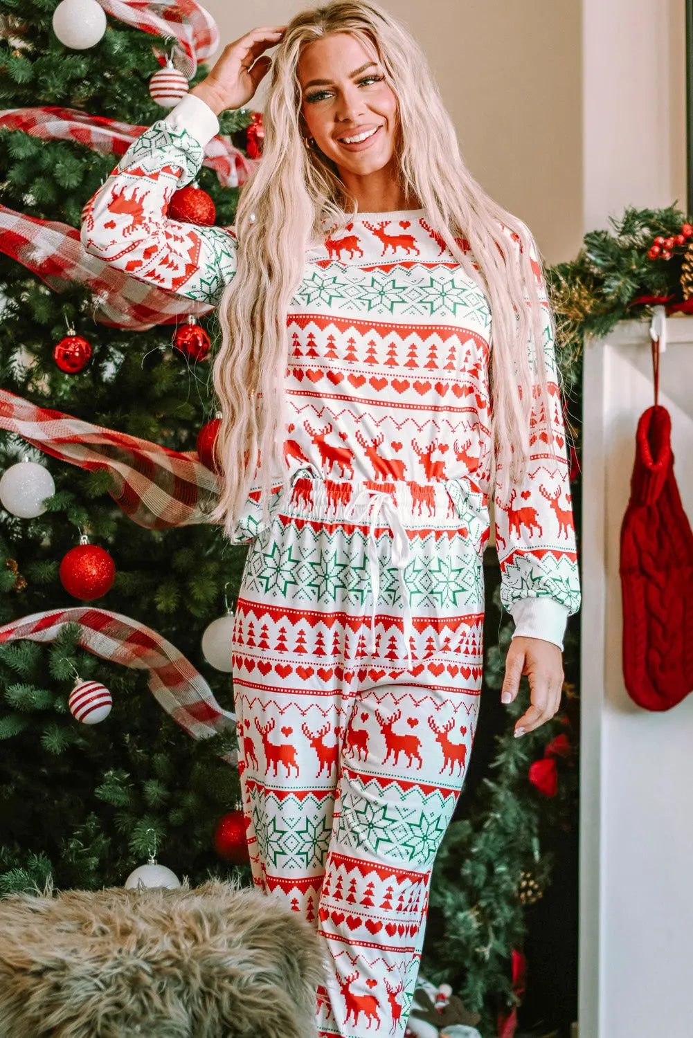 Christmas Element Round Neck Top and Pants Lounge Set Trendsi