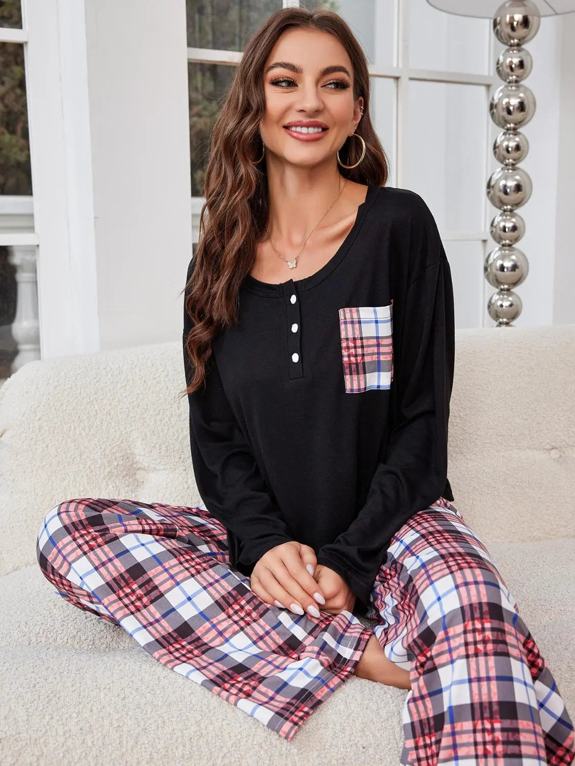 Round Neck Long Sleeve Top and Plaid Pants Lounge Set Trendsi