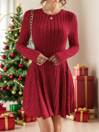 Ribbed Round Neck Long Sleeve Dress Trendsi