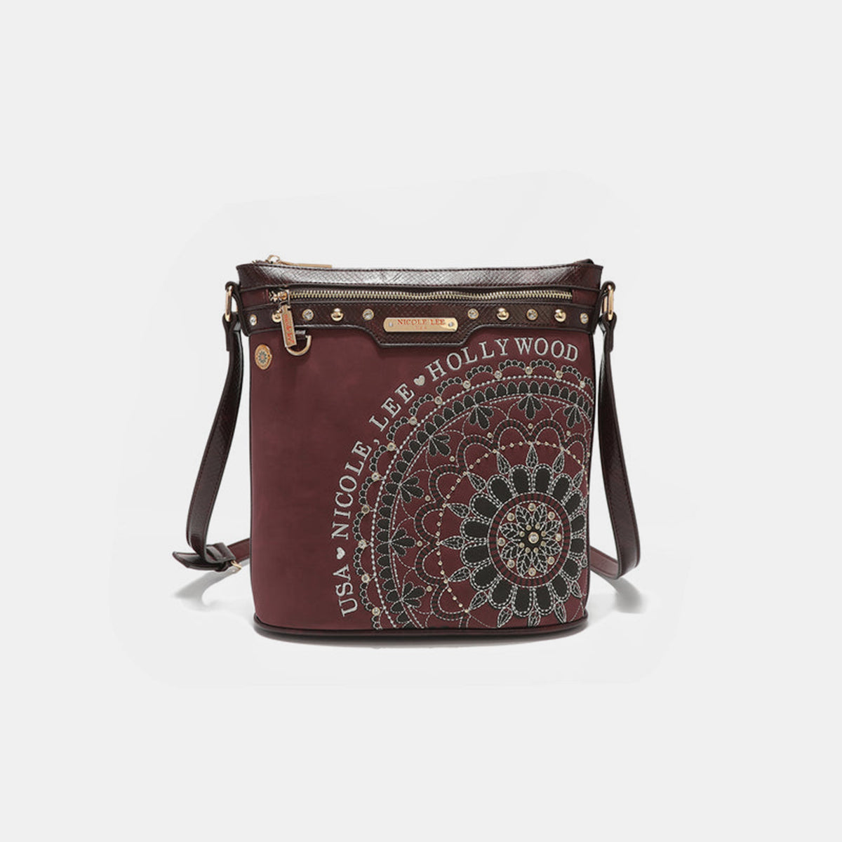 Nicole Lee USA Metallic Stitching Embroidery Inlaid Rhinestone Crossbody Bag