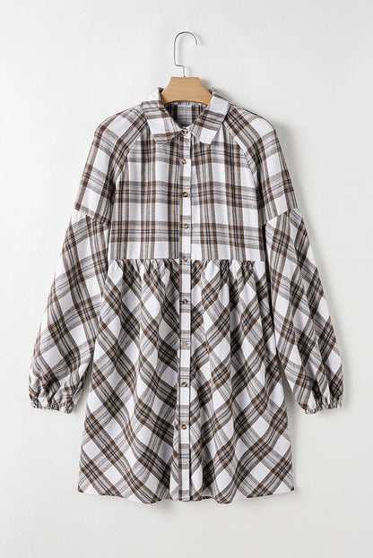 Full Size Plaid Collared Neck Balloon Sleeve Mini Shirt Dress Trendsi