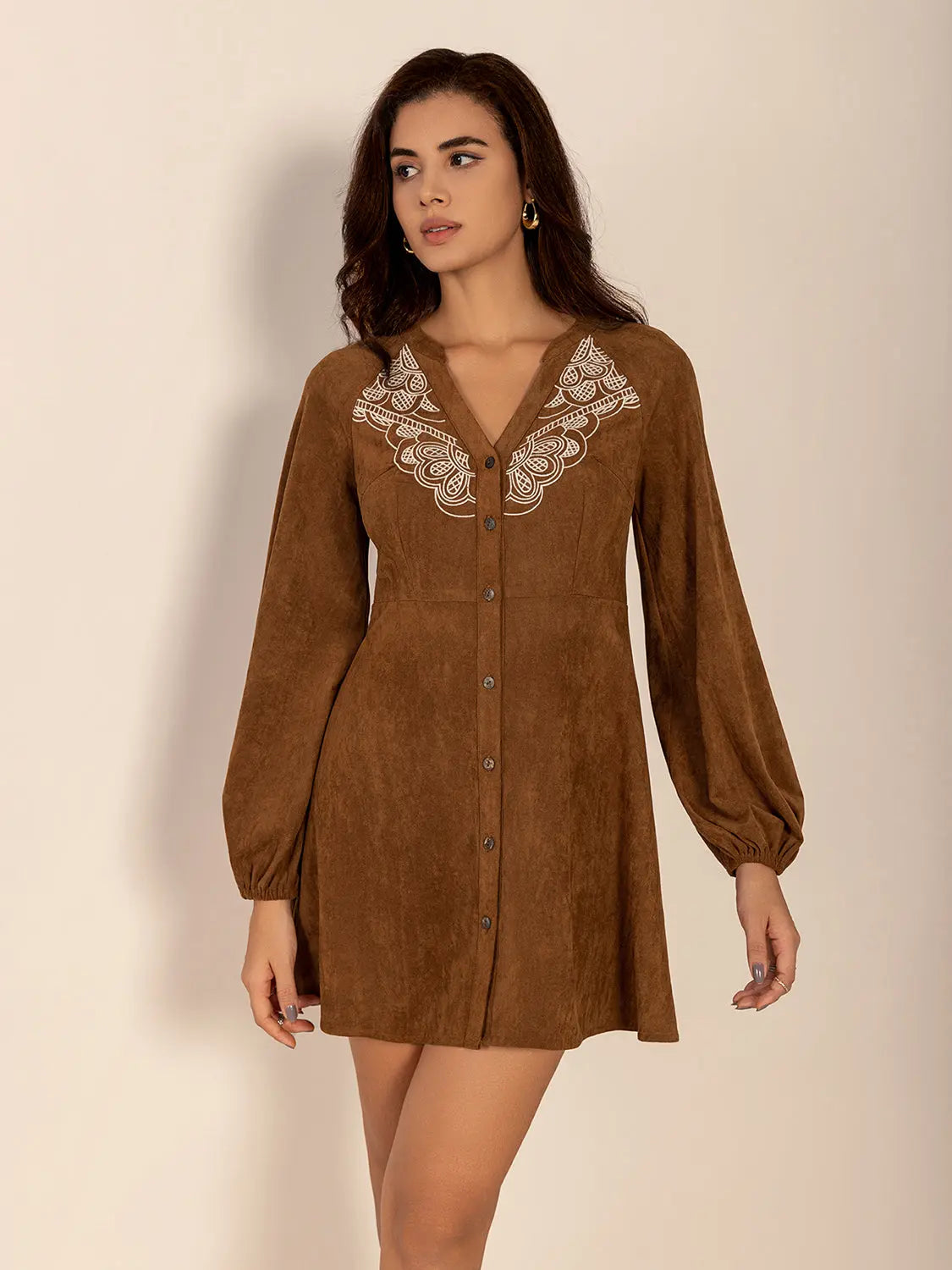 Notched Button Down Long Sleeve Mini Dress Trendsi