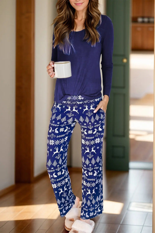 Round Neck Long Sleeve Top and Printed Pants Lounge Set Trendsi