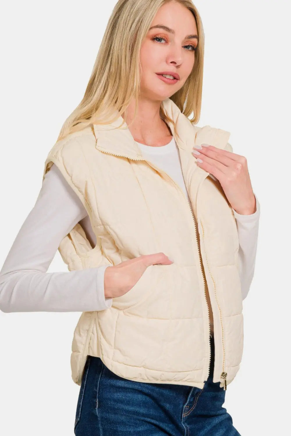 Zenana Zip Up Cropped Puffer Vest with Pockets - Stella Mount