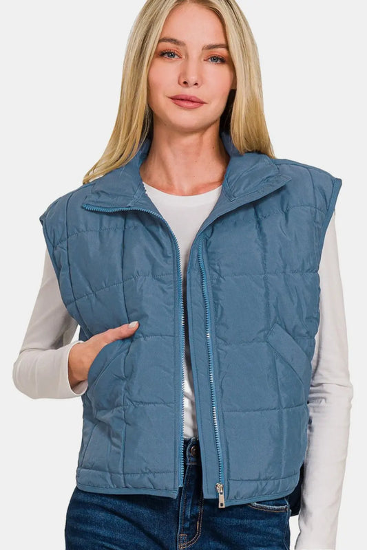 Zenana Zip Up Cropped Puffer Vest with Pockets - Stella Mount