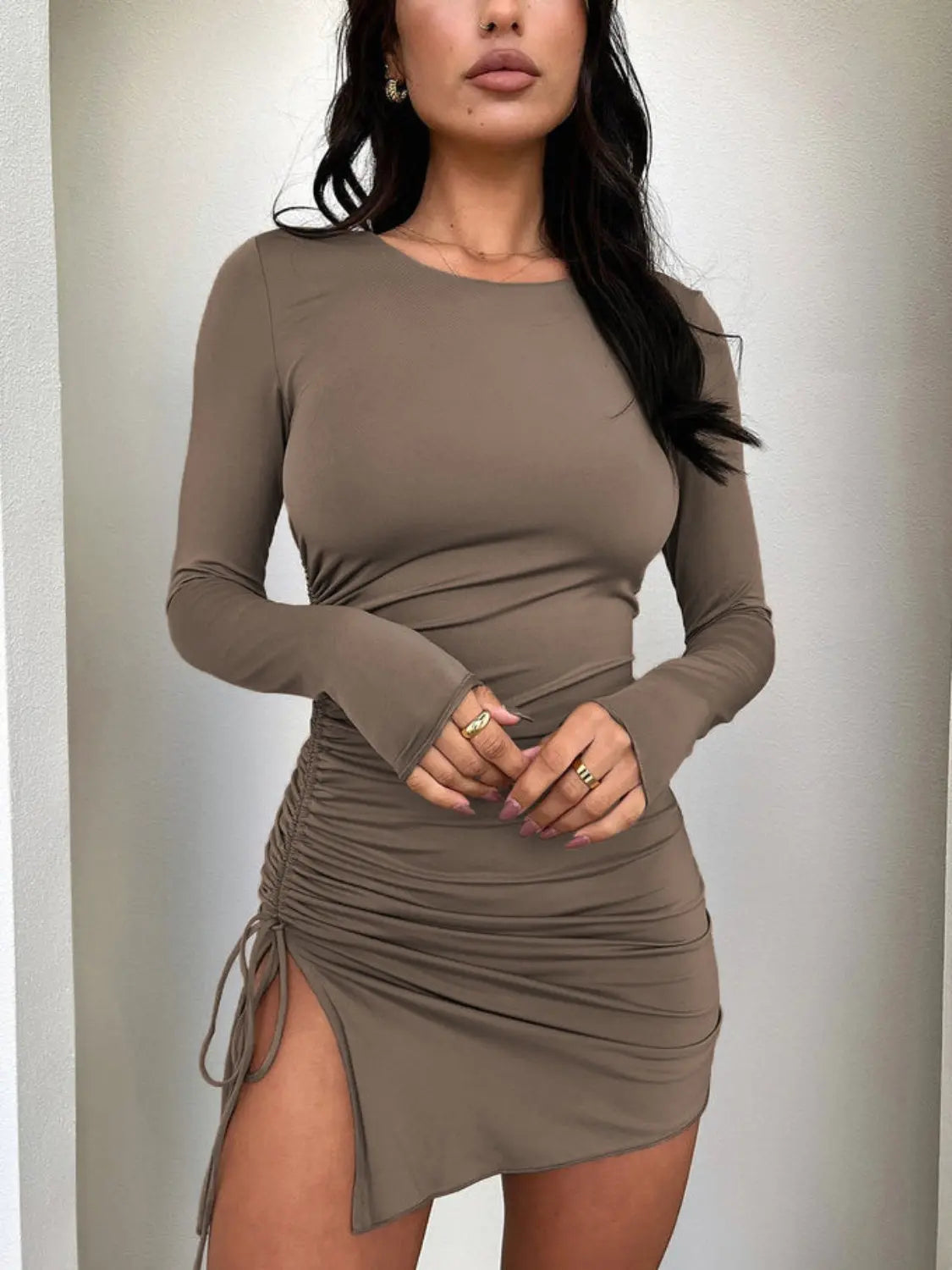 Side Drawstring Round Neck Long Sleeve Dress Trendsi