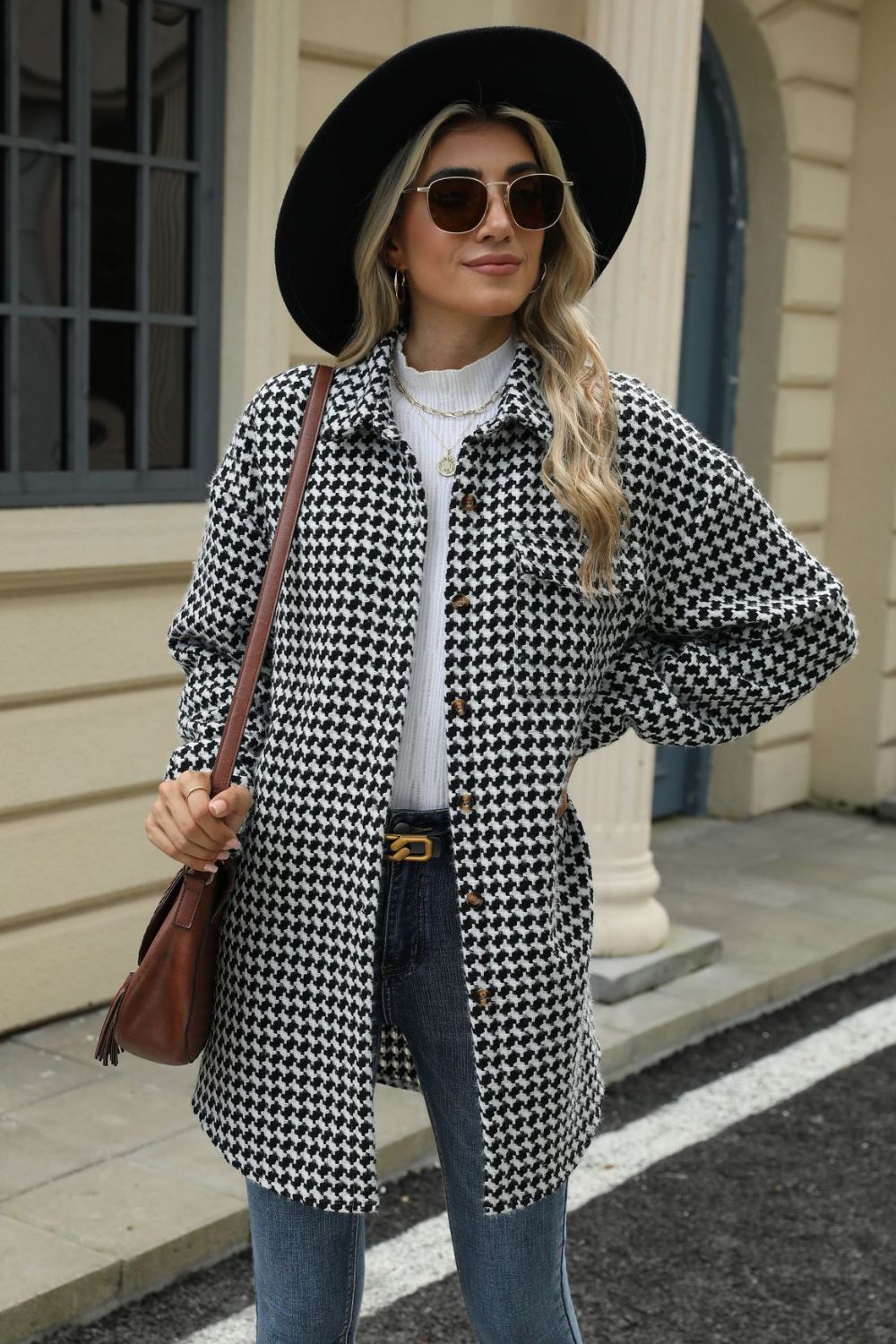 Houndstooth Button Up Dropped Shoulder Coat