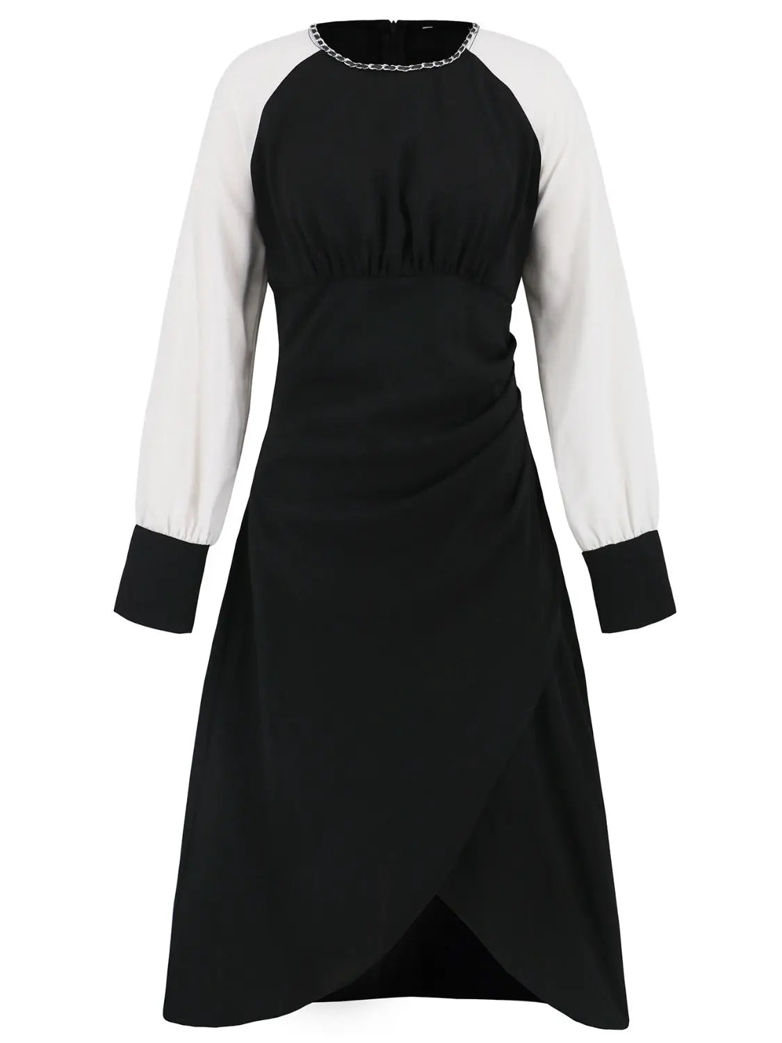 Ruched Contrast Long Sleeve Midi Dress Trendsi