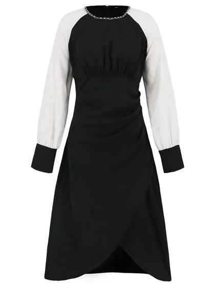 Ruched Contrast Long Sleeve Midi Dress Trendsi