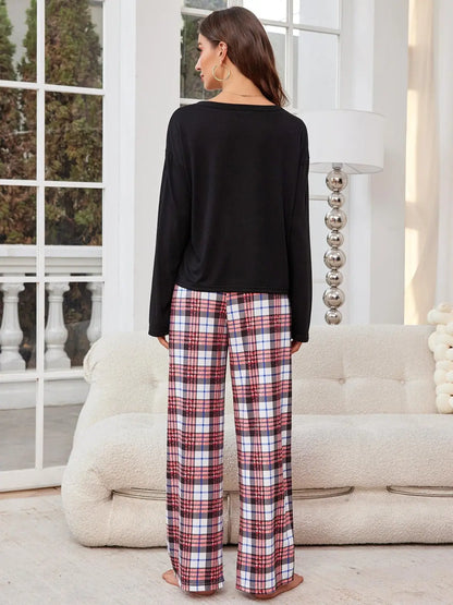 Round Neck Long Sleeve Top and Plaid Pants Lounge Set Trendsi