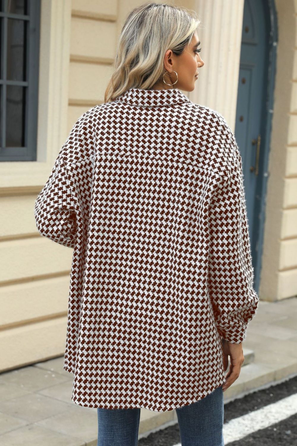 Houndstooth Button Up Dropped Shoulder Coat