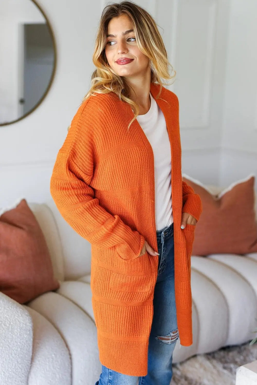 Haptics Full Size Stripe Textured Open Front Cardigan with Pockets - Stella Mount