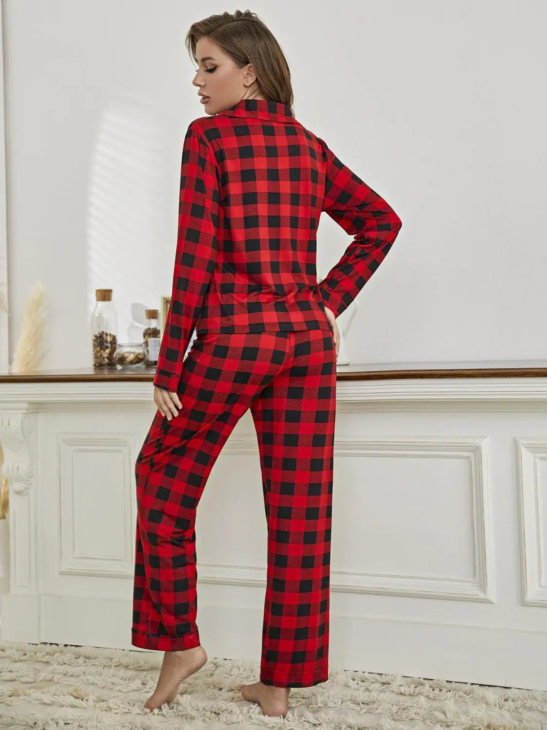 Plaid Collared Neck Long Sleeve Top and Pants Lounge Set Trendsi