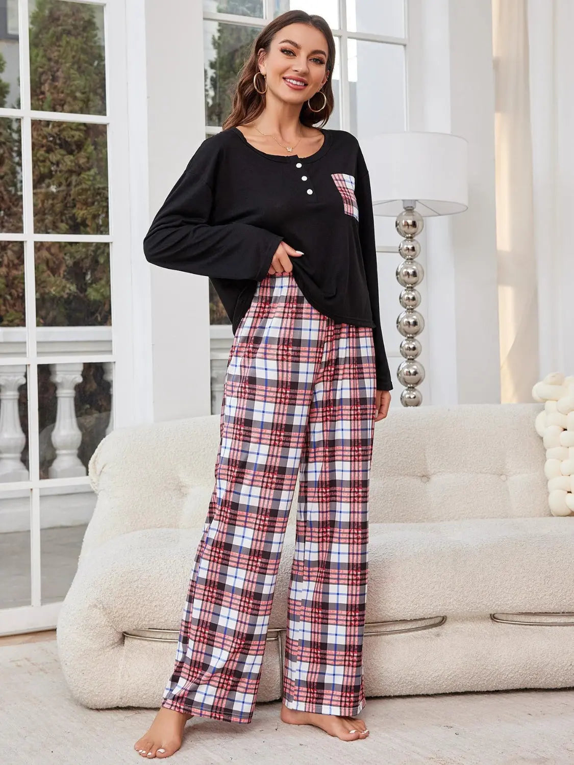 Round Neck Long Sleeve Top and Plaid Pants Lounge Set Trendsi