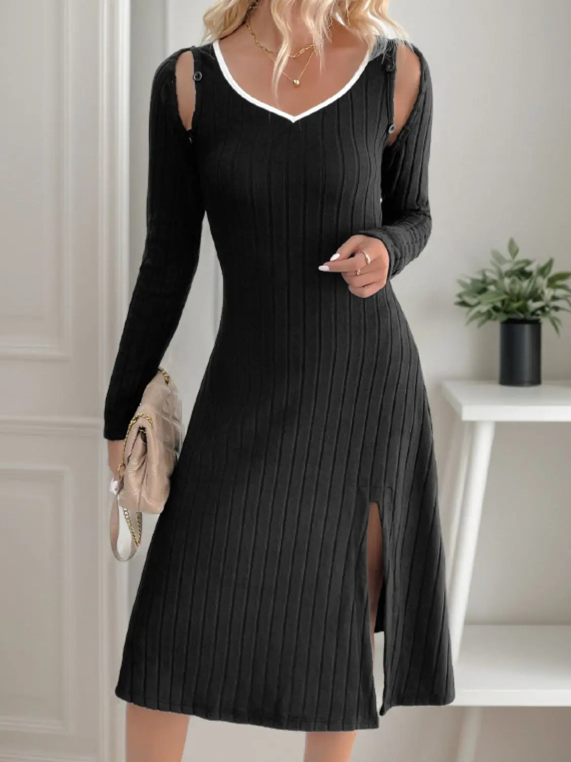 Perfee Slit Wide Strap Dress and Detachable Long Sleeves Set - Stella Mount