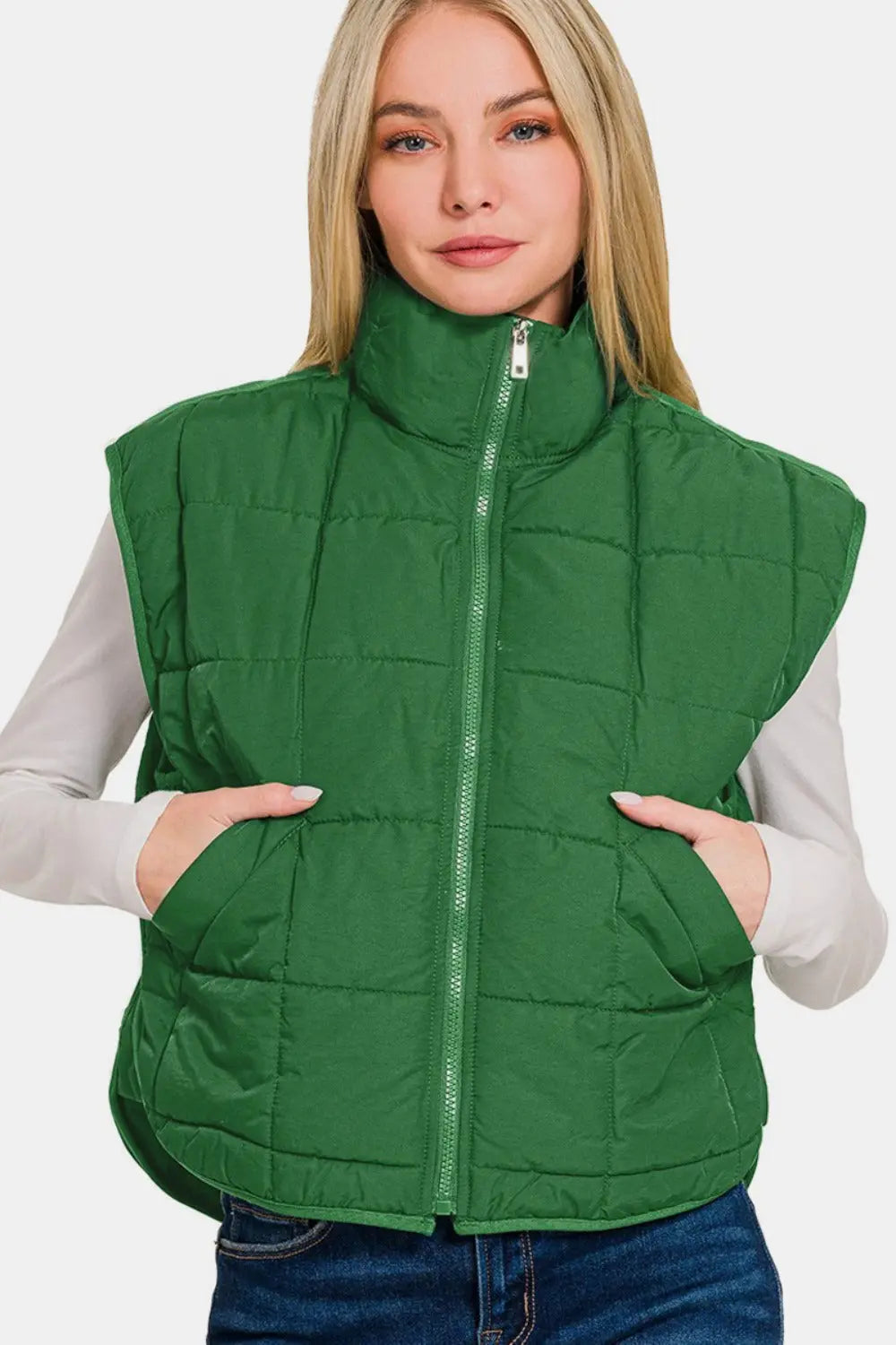 Zenana Zip Up Cropped Puffer Vest with Pockets - Stella Mount