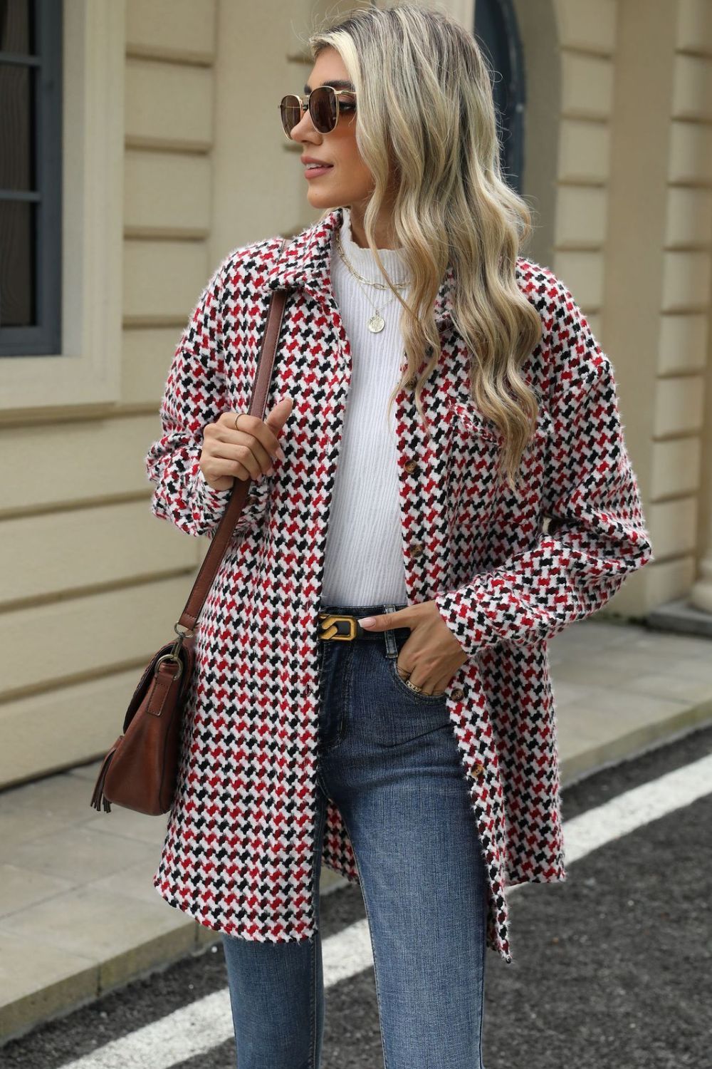 Houndstooth Button Up Dropped Shoulder Coat