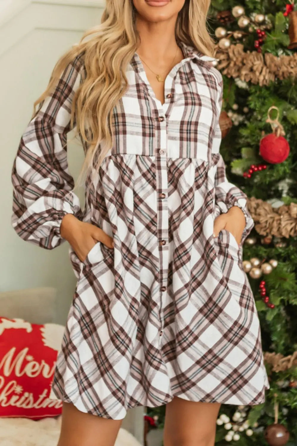 Full Size Plaid Collared Neck Balloon Sleeve Mini Shirt Dress Trendsi