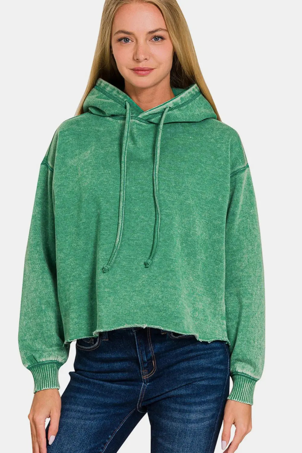 Zenana Acid Wash Fleece Cropped Hoodie - Stella Mount