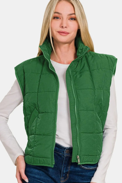 Zenana Zip Up Cropped Puffer Vest with Pockets - Stella Mount