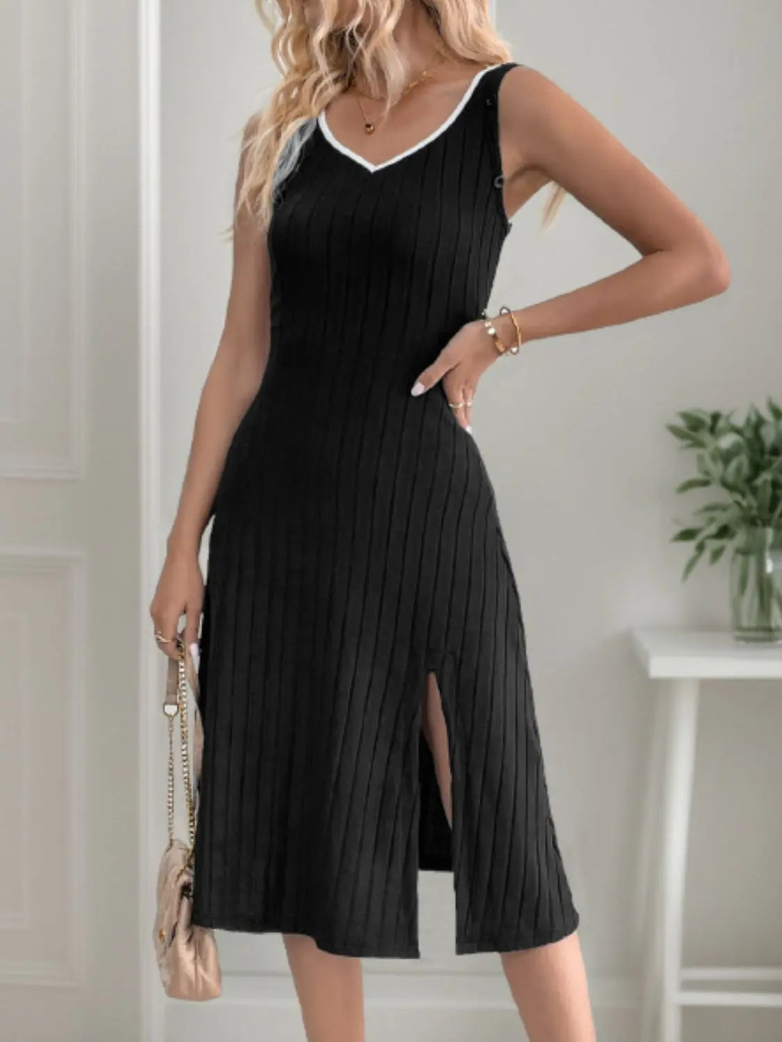 Perfee Slit Wide Strap Dress and Detachable Long Sleeves Set - Stella Mount