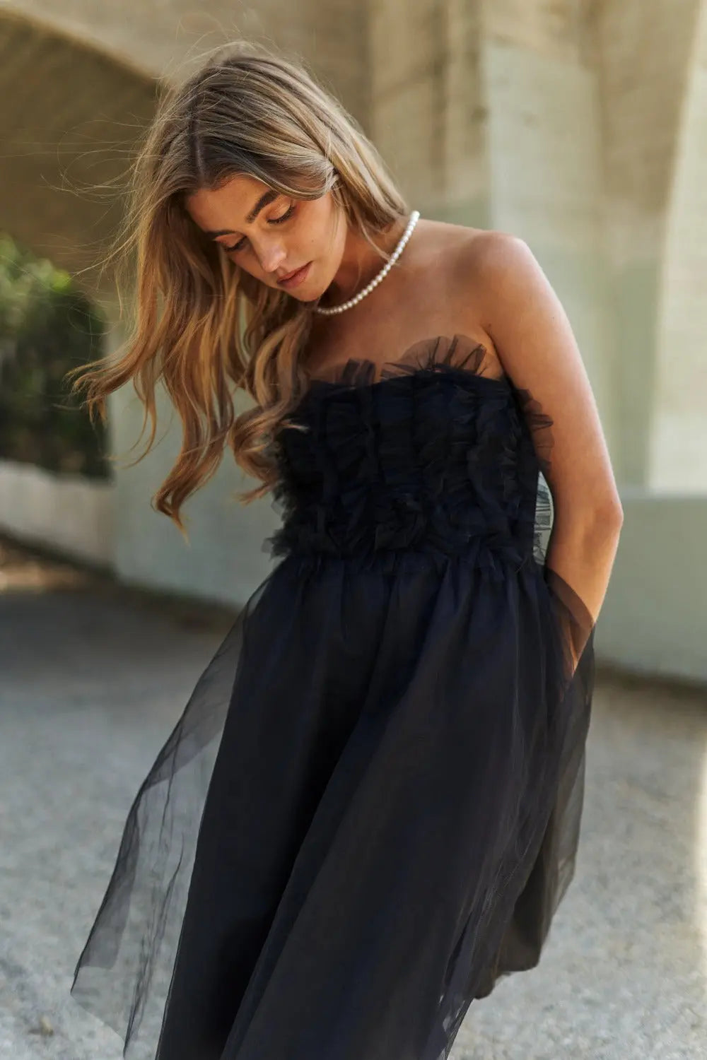 J.NNA Mesh Ruffle Tube Top Swing Dress Trendsi