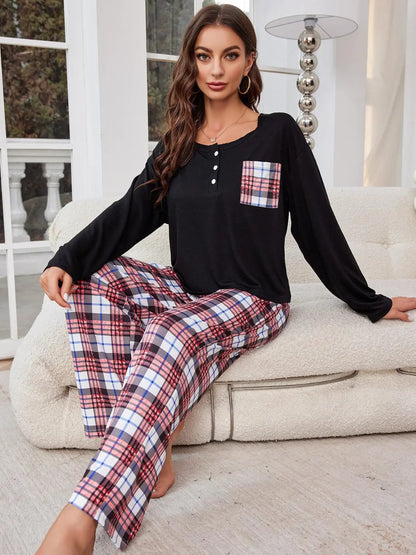 Round Neck Long Sleeve Top and Plaid Pants Lounge Set Trendsi