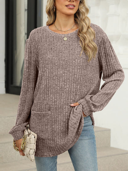 Pocketed Round Neck Long Sleeve T-Shirt