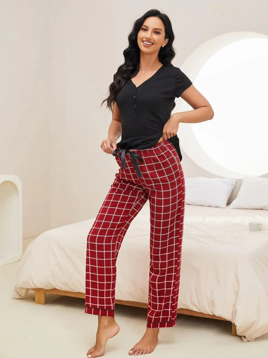 V-Neck Short Sleeve Top and Pants Lounge Set Trendsi